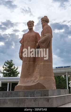 Samarkand, Uzbekistan - May 27, 2025: A monument to two representatives of Uzbek and Tajik literature Alisher Navoi and Abdurakhman Jami, erected in S Stock Photo