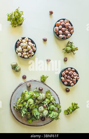 Top view of hazelnuts in different stages: fresh in green husks, raw in shells, and shelled nuts, all arranged in bowls and on a wooden slice. Natural Stock Photo