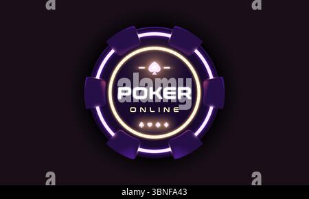 Glowing neon poker chip with Poker Online text. Futuristic design for casino games, online gambling, mobile apps, banners, and gaming platforms Stock Vector