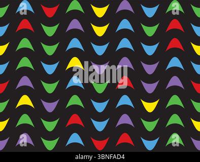 Seamless geometric pattern, colorful wave shapes on black background. Modern abstract design for fabric, wallpaper, wrapping paper. Vibrant retro Stock Vector