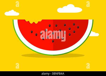 Flat vector illustration of a bitten watermelon slice with seeds on a bright yellow background with clouds. Perfect for summer food design, fun poster Stock Vector