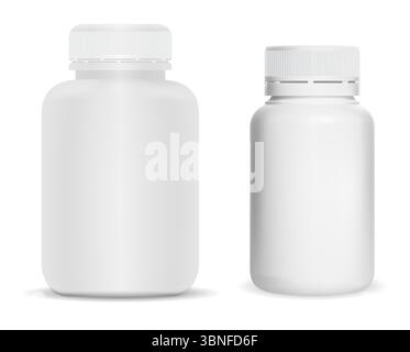 White plastic pill bottle. Supplement jar set, vector mockup. Pharmacy pill package cylinder pack illustration. Drug capsule tablet bottle, prescripti Stock Vector