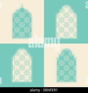 Elegant Islamic window arch vector, highlighting diverse arabesque geometric shapes and intricate patterns Stock Vector