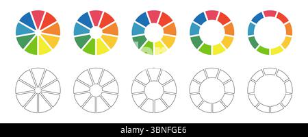 Donut charts set, pies segmented on 9 equal parts. Diagrams infographic multicolored collection. Wheels divided in nine sections. Circle section graph Stock Vector