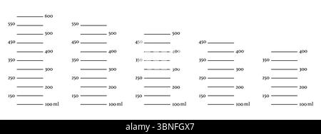 Set of scales 600, 550, 500, 450, 400 ml liquid volume. Measuring milliliters cup, jug to preparing cooking. Graphic template isolated on white Stock Vector