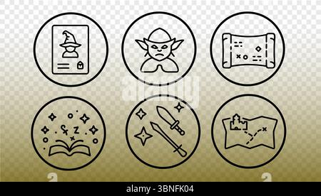 Fantasy RPG game icons set. Magic adventure line symbols outline for online board games UI fantasy blogs. Black linear vector icons on soft gradient t Stock Vector