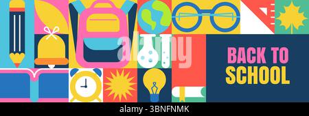 Back to school color blocks geometric greeting card background, banner, poster design. Vector illustration of backpack, book, alarm clock, globe, flas Stock Vector