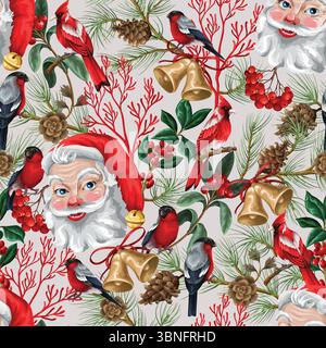 Seamless vector pattern featuring Santa Claus faces, red cardinals, bullfinches, golden bells, pine branches, cones, holly leaves, berries, and red Stock Vector