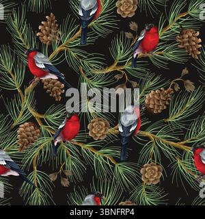 Vector seamless Christmas pattern with birds, bells and branches. Vector. Stock Vector