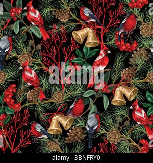 Vector seamless Christmas pattern with birds, bells and branches. Vector. Stock Vector