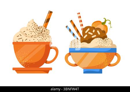 Vector pumpkin spice latte isolated on white background. Autumn coffee with whipped cream Stock Vector