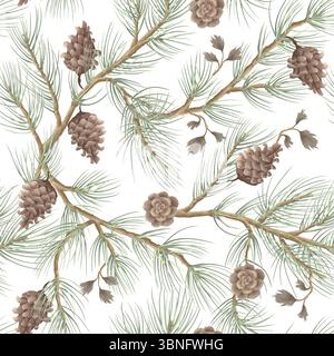 Vector Christmas seamless pattern with pine branches and cones. Vector. Stock Vector