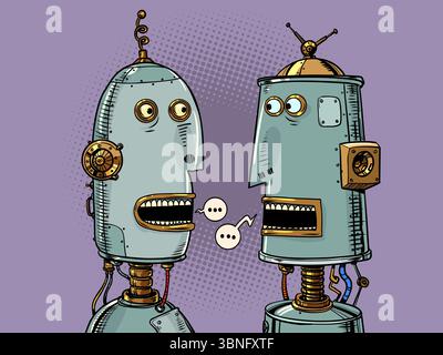 Communication interaction of robots with each other. Development of AI in vintage style. Cyborg friends communicate and text clouds. Stock Vector