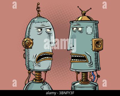 Communication interaction of robots with each other. Development of AI in vintage style. Fantastic future with cyborg friends. Stock Vector