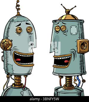 Communication interaction of robots with each other. Development of AI in vintage style. Cyborg friends laugh together. Stock Vector