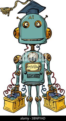 Vintage robot learning. AI with a student hat. Education collides with artificial intelligence. Stock Vector
