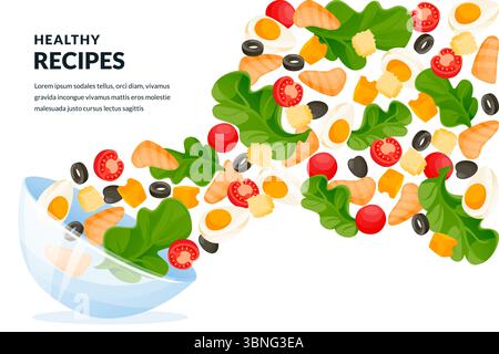 Chicken, lettuce, eggs and vegetables salad flying from glass bowl. Vector flat cartoon illustration. Healthy cooking recipes design elements. Food in Stock Vector
