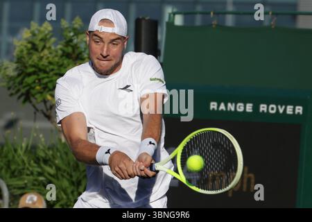 London, UK. 02nd July, 2025. Tennis: Grand Slam/ATP Tour - Wimbledon, Singles, 2nd round, Men. Aliassime (Canada) - Struff (Germany). Jan-Lennard Struff is in action. Credit: Frank Molter/dpa/Alamy Live News Stock Photo