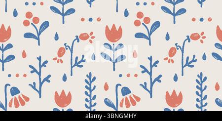 Vector vintage floral seamless pattern in scandinavian style. Retro seamless pattern with grunge flowers and berries. Blue and white. Stock Vector