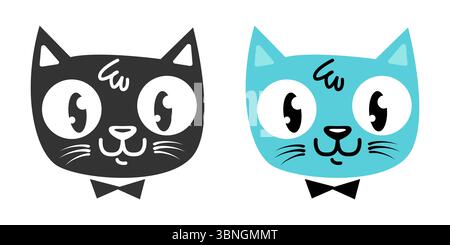 Vector set icons of cat head in retro cartoon style. Cute cat in vintage style. Stock Vector