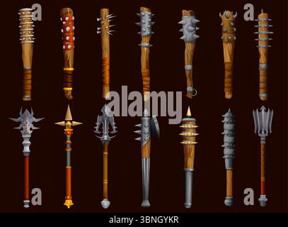 Fantasy medieval club weapon game asset. Fairytale hammer, ancient bludgeon weapon RPG game inventory vector item. Magical war hatchet, fantasy wooden club with metal spikes and blades GUI icons Stock Vector