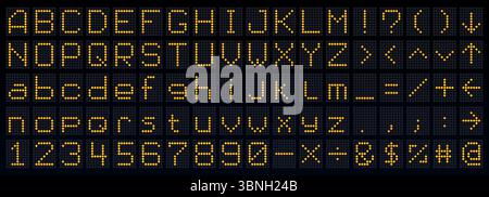 Score board font, flip dot type, digital led airport screen typeface, terminal display alphabet. Complete set of uppercase and lowercase letters, numb Stock Vector