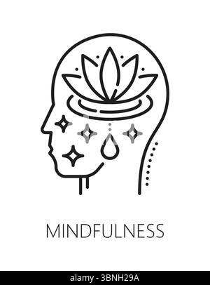 Mindfulness mental health, psychology line icon or sign. Psychology and mental health outline vector sign, psychotherapy pictogram. Cognitive disorder icon with head silhouette and lotus flower Stock Vector
