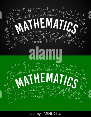 Math formulas on school blackboard, vector mathematics science, education. Background of chalkboard with math formulas, geometric shapes, algebra equations Stock Vector