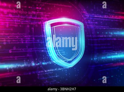 Cyber security technology. Cloud storage and big data protection vector background with shield or protective screen, programmer and binary code. Firewall, internet antivirus defense, account privacy Stock Vector