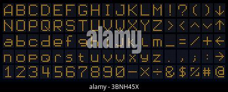 Score board font, flip dot type, digital led airport screen typeface, terminal display alphabet. Complete set of uppercase and lowercase letters, numbers and special characters with scoreboard lamps Stock Vector