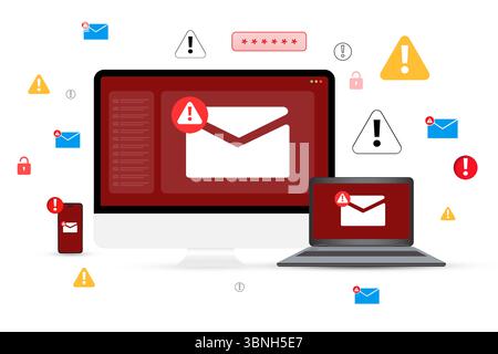 Error and Virus in computer, laptop and phone with spam email concept design, floating warning shapes. Threat, spam electronic mail, virus, malware, a Stock Photo
