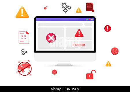 Errors and Virus concept floating around the screen. Error, malware, virus, no access, unauthorized, failed access background. Stock Photo