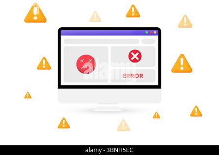 Errors appearing on the screen with yellow warning symbols floating around, background. Web page error, not accessible, failed, login attempt, no acce Stock Photo