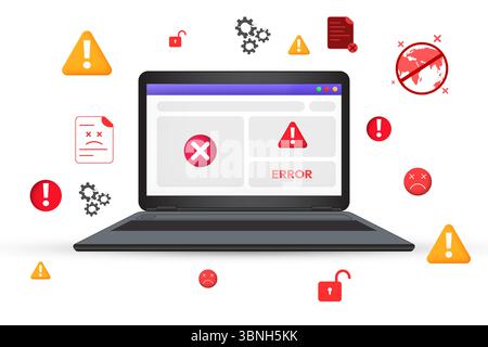 System error and virus concept design on the screen of Laptop, floating shapes of malware. Hacking, failed, warning, graphic Stock Photo