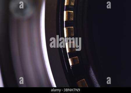 Copper connectors in macro, lens connection, technology in detail Stock Photo