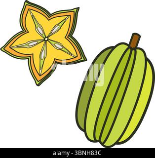 Starfruit in doodle technique vector botanical illustration Stock Vector
