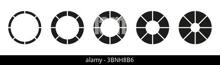 Wheels round divided in eight sections. Donut charts or pies segmented on 8 equal parts. Geometric element. Diagrams infographic set. Circle section Stock Vector