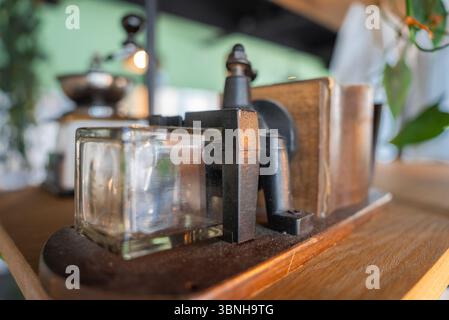 Close Up of Vintage Mechanical Device with Glass and Metal Components Stock Photo