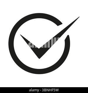 Thin check icon. Circular approval symbol. Vector minimalist figure. Black simple background. Stock Vector