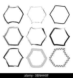 Hexagon frame icons. Angled border set. Geometric outline Vector. Minimal honeycomb shapes. Stock Vector