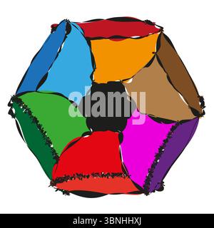 Multicoloured faceted polyhedron. Angularly patchwork surfaces. Geometric polygonal Vector. Vibrant conceptual sculpture. Stock Vector