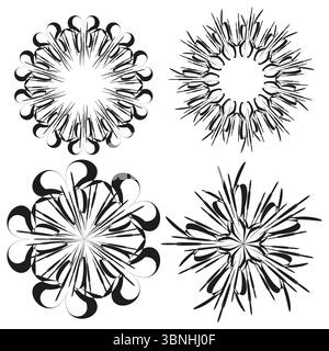 Floral star icons. Radial blossom symbols. Abstract flare Vector. Symmetry flower shapes. Stock Vector