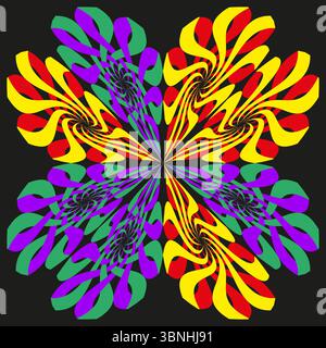 Polychromatic starburst icon. Psychedelic vortex symbol. Radiantly floral Vector. Luminous kaleidoscopic composition. Stock Vector