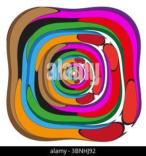 Multicoloured squared vortex. Concentric psychedelic spiral. Playful labyrinthine Vector. Dynamic chromatic movement Stock Vector