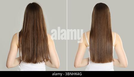 Hair combing, straightening. Woman showing hairstyle before and after different procedures on grey background, back view. Collage of photos Stock Photo