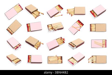 Cardboard boxes with matches on white background, set Stock Photo