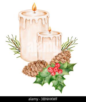 Watercolor illustration of two candles with pinecones and holly. Christmas hand painted clipart on white. Perfect for winter greeting cards, packaging Stock Photo