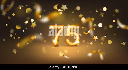Golden balloon in the shape of the number 75, set against a dark background filled with soft bokeh lights and scattered golden stars and ribbons, crea Stock Vector