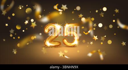 Golden balloon in the shape of the number 25, set against a dark background filled with soft bokeh lights and scattered golden stars and ribbons, crea Stock Vector