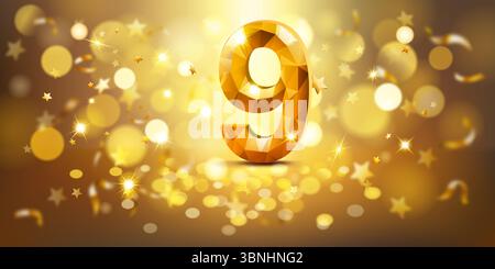 Golden number 9 with a faceted, gem-like appearance, set against a warm, golden background filled with soft bokeh lights and scattered golden stars, c Stock Vector
